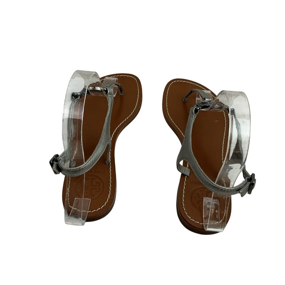 Tory Burch Crystal Metallic Logo Leather Slingback T-Strap Sandals Silver Tan - Picture 5 of 8